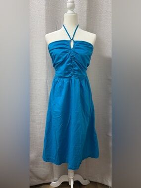 LOFT Women’s Blue Halter Ruched Smocked Midi Dress Size 10P Sundress, Vacation